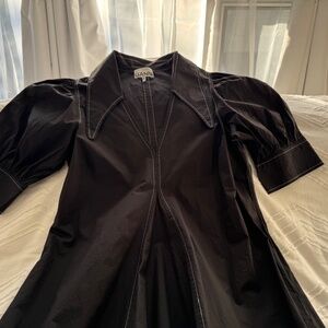 Ganni Black Cotton Poplin V-Neck Dress - EU 36 (US 6)